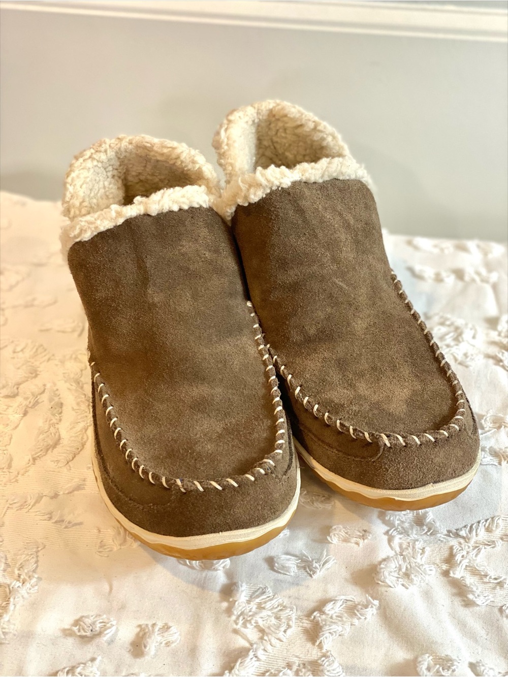 L.L. Bean Brown Suede Sherpa-Lined Slip-On Slippers